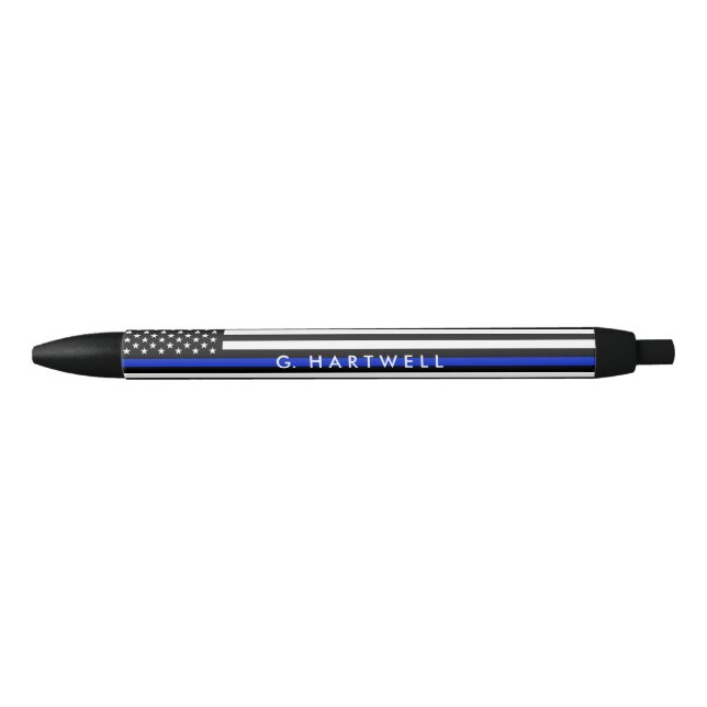 Police Styled American Flag Custom Name Black Ink Pen (Front)