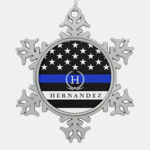 Police Styled American Flag Customised Monogram Snowflake Pewter Christmas Ornament