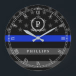 Police Styled American Flag Monogram Large Clock<br><div class="desc">A wall clock featuring a thin blue line American flag symbolic of law-enforcement.  Roman numerals and a spot for yours or your gift recipient's Monogram and last name.</div>