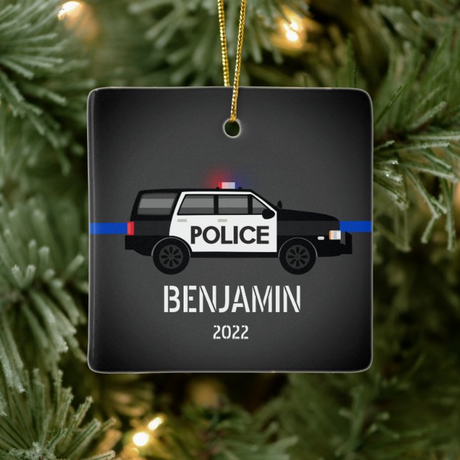 Police SUV Thin Blue Line Kids Christmas Ceramic Ornament (Tree)