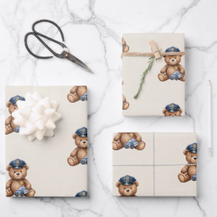 Police Teddy Bear Baby Shower Wrapping Paper Sheet
