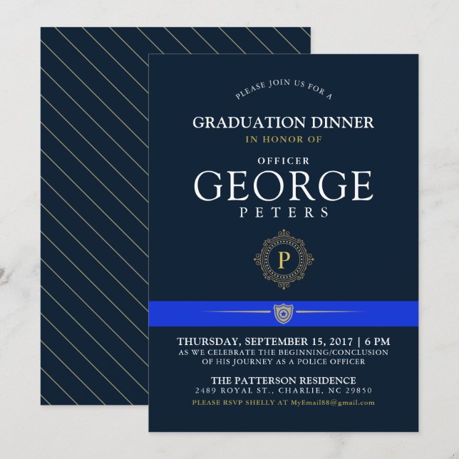 Police Themed Event | Dinner Monogram Navy Invite (Front/Back)