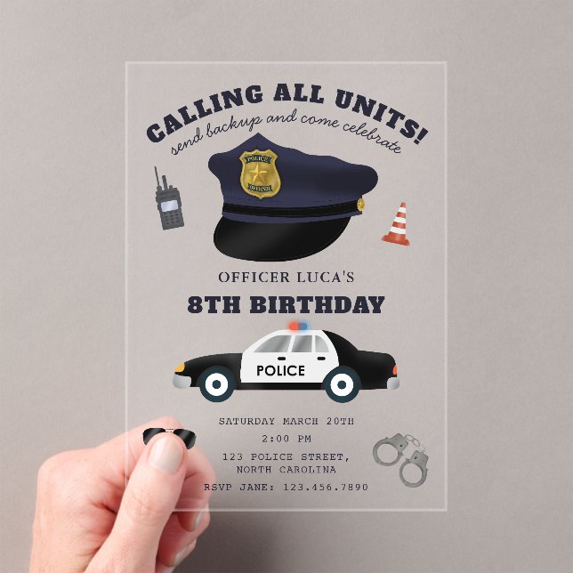Police Themed Policeman Cop Birthday Party Acrylic Invitations (Insitu (Handheld))