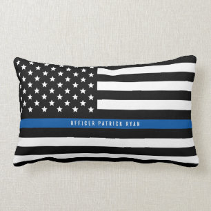 Police Thin Blue Line American Flag Add Name Lumbar Cushion