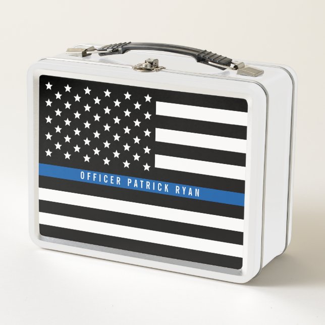 Police Thin Blue Line American Flag Add Name Metal Lunch Box (Front)