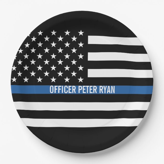 Police Thin Blue Line American Flag Add Name Paper Plate (Front)