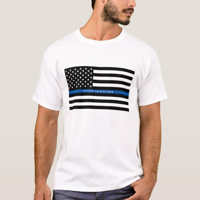 Police Thin Blue Line American Flag Add Name T-Shirt (Front)