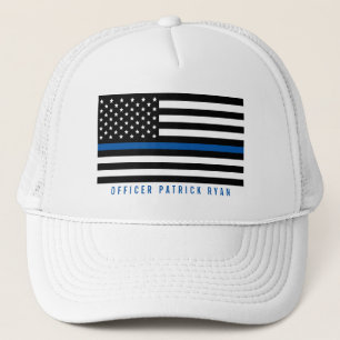 Police Thin Blue Line American Flag Add Name Trucker Hat