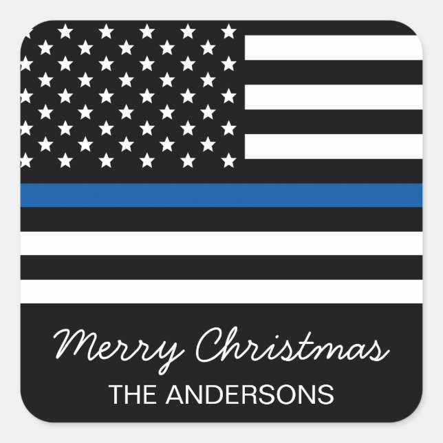 Police Thin Blue Line American Flag Christmas Square Sticker (Front)