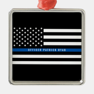 Police Thin Blue Line American Flag Metal Tree Decoration