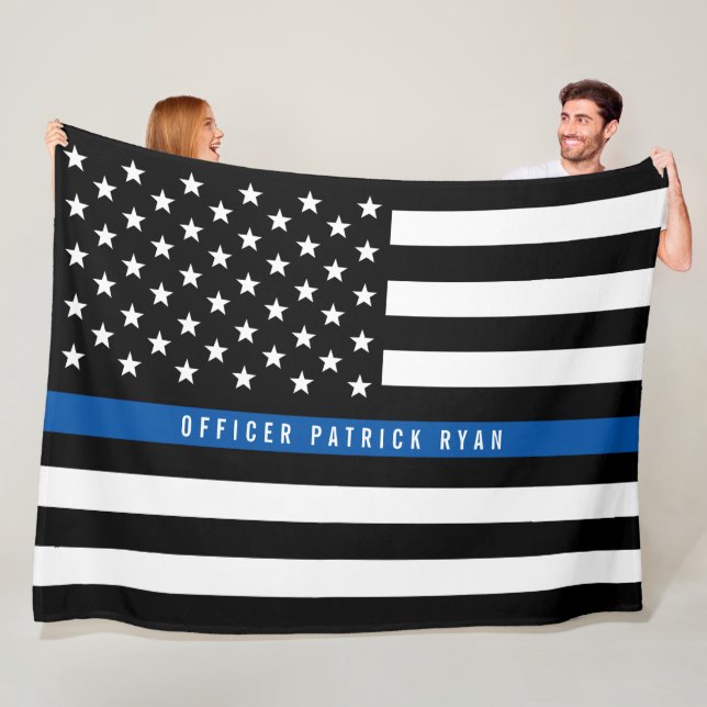 Police Thin Blue Line American Flag Monogram Large Fleece Blanket (In Situ)