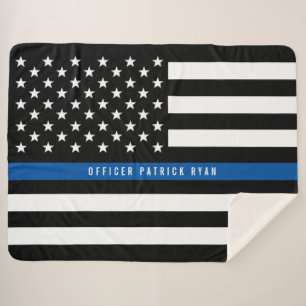 Police Thin Blue Line American Flag Monogram Large Sherpa Blanket