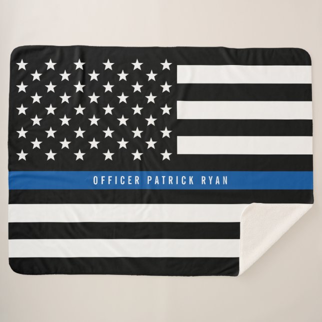 Police Thin Blue Line American Flag Monogram Large Sherpa Blanket (Front (Horizontal))