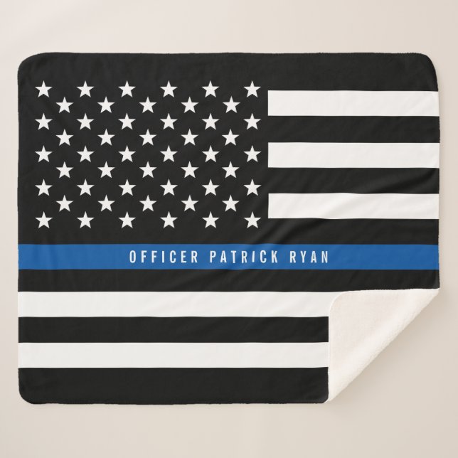Police Thin Blue Line American Flag Monogram Med. Sherpa Blanket (Front (Horizontal))