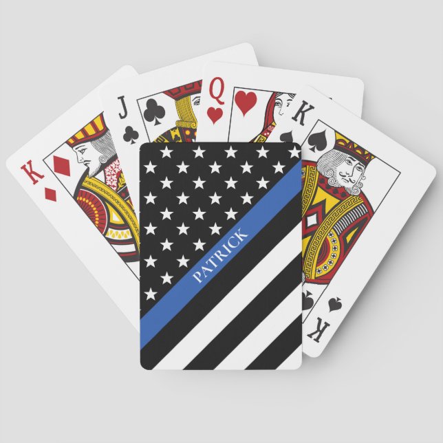Police Thin Blue Line American Flag Monogram Name Playing Cards (Back)