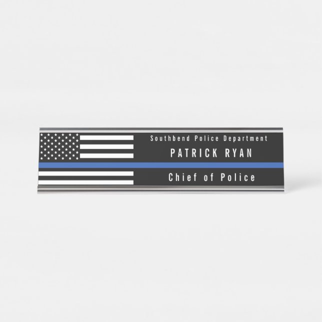 Police Thin Blue Line American Flag Monogrammed Desk Name Plate (Front)