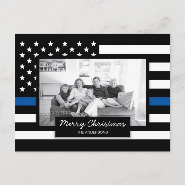 Police Thin Blue Line American Flag Photo Holiday Postcard (Front)
