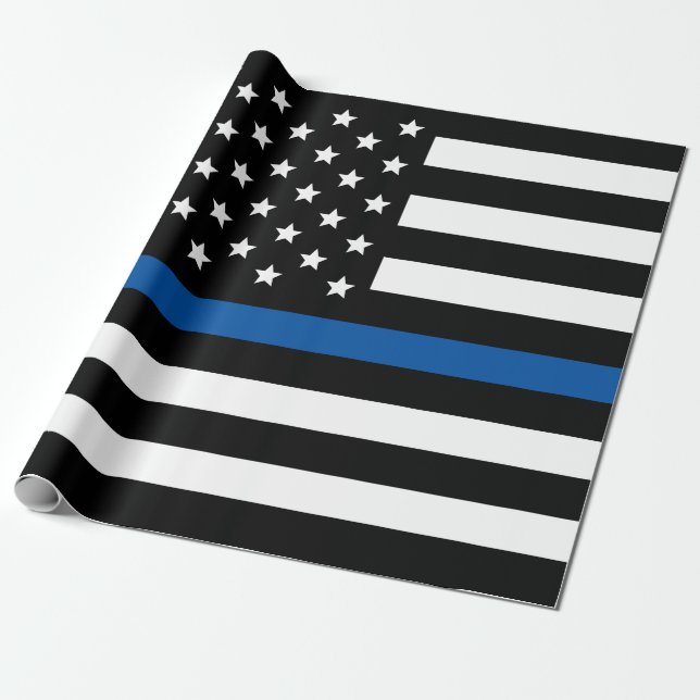 Police Thin Blue Line American Flag Wrapping Paper (Unrolled)