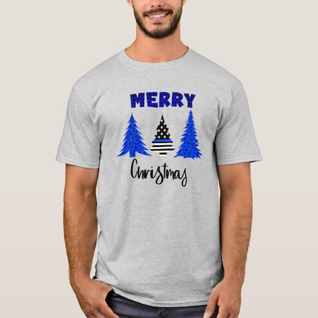 Police Thin Blue Line Christmas Tree T-Shirt (Front)