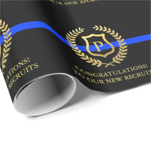 Police Thin Blue Line Custom Faux Gold Monogram Wrapping Paper