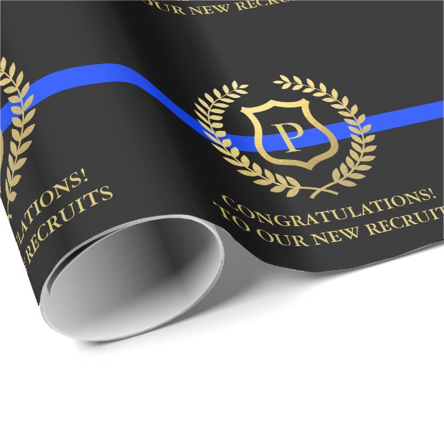 Police Thin Blue Line Custom Faux Gold Monogram Wrapping Paper (Roll Corner)