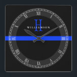 Police Thin Blue Line Custom Monogram Square Wall Clock<br><div class="desc">A thin blue line monogram custom name wall clock.</div>