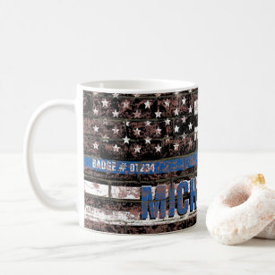 Police Thin Blue Line Distressed Flag Monogrammed Coffee Mug