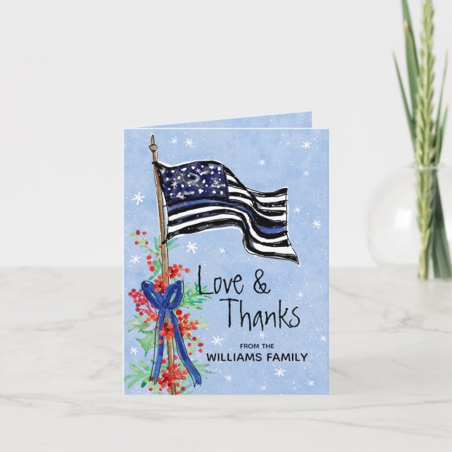 Police Thin Blue Line Flag Holly Family Nave Thank You Card (Front)