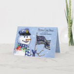 Police Thin Blue Line Flag Merry Christmas Snowman Holiday Card<br><div class="desc">This holiday card for police and law enforcement features a snowman wearing a police hat and blue plaid scarf carrying a thin blue line American flag and holding a sign that reads "Merry Christmas". Personalise with your name and greeting. Designed by world renowned artist Tim Coffey.</div>