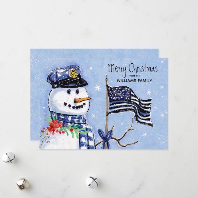 Police Thin Blue Line Flag Merry Christmas Snowman Holiday Card (Front/Back In Situ)