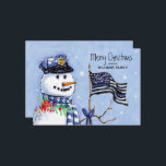 Police Thin Blue Line Flag Merry Christmas Snowman Holiday Card<br><div class="desc">This holiday flat card for police and law enforcement features a snowman wearing a police hat and blue plaid scarf carrying a thin blue line American flag decorated with festive red berries. Personalise with your name and greeting. Designed by world renowned artist Tim Coffey.</div>