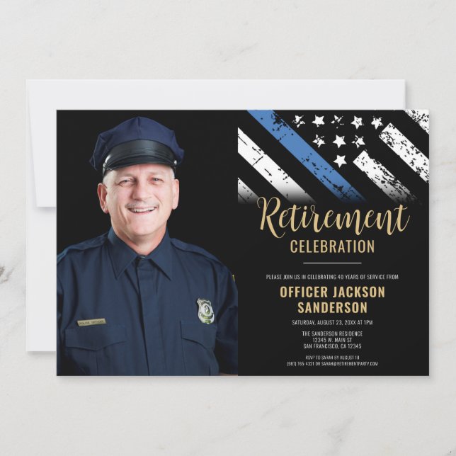 Police Thin Blue Line Flag Photo Retirement Invitation (Front)
