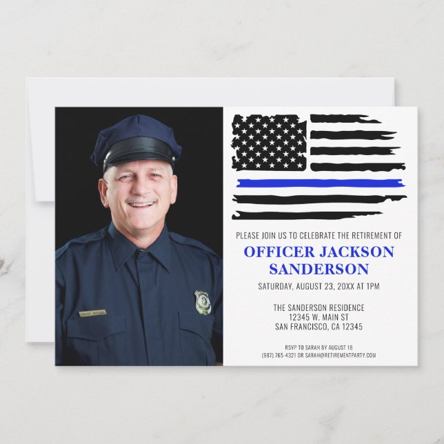 Police Thin Blue Line Flag Photo Retirement Invitation (Front)