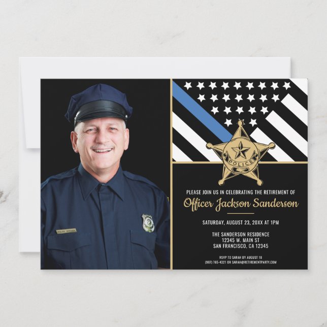 Police Thin Blue Line Flag Photo Retirement Party Invitation (Front)