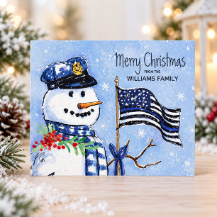 Police Thin Blue Line Flag Snowman Christmas Holiday Postcard