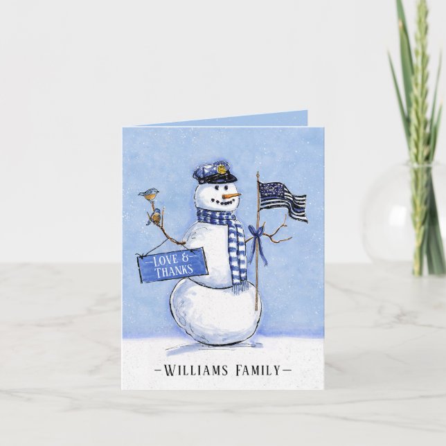Police Thin Blue Line Flag Snowman Holiday Thank You Card (Front)