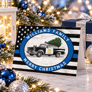 Police Thin Blue Line Flag Vintage Car Christmas Holiday Card
