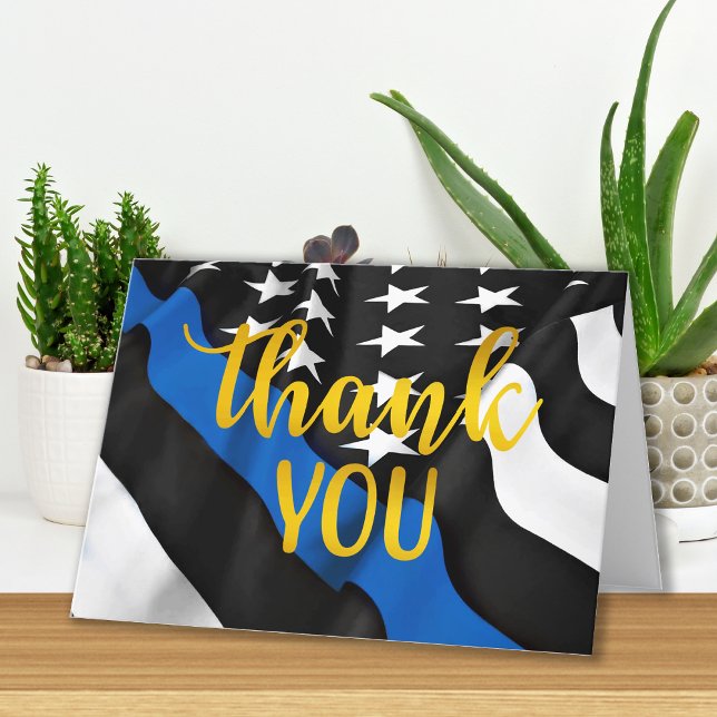 Police Thin Blue Line Gold Script Law Enforcement Thank You Card (Creator Uploaded)