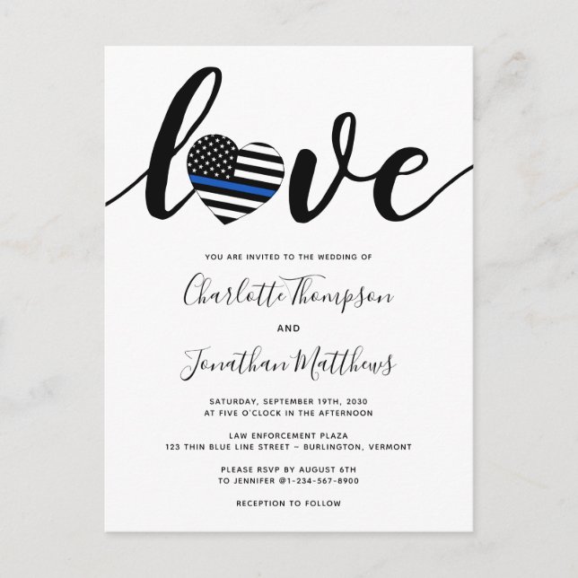 Police Thin Blue Line Heart Wedding Announcement Postcard (Front)