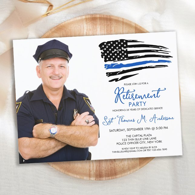 Police Thin Blue Line Personalise Photo Retirement Invitation Postcard (Creator Uploaded)