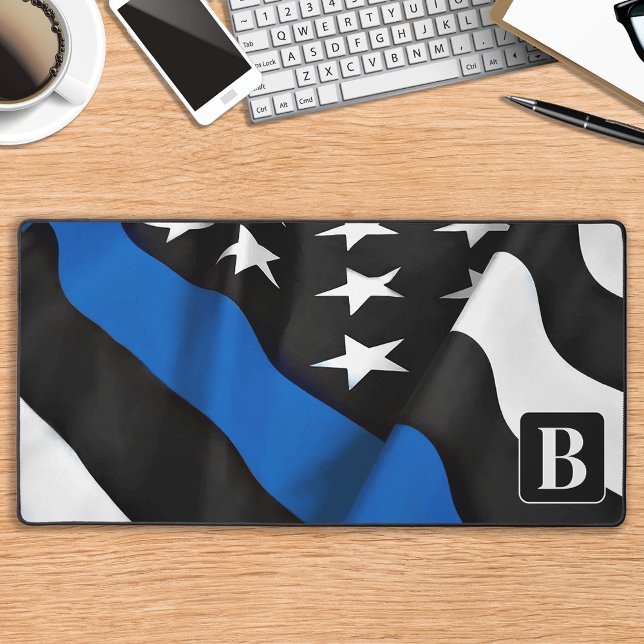 Police Thin Blue Line Personalised Modern Monogram Desk Mat (Creator Uploaded)