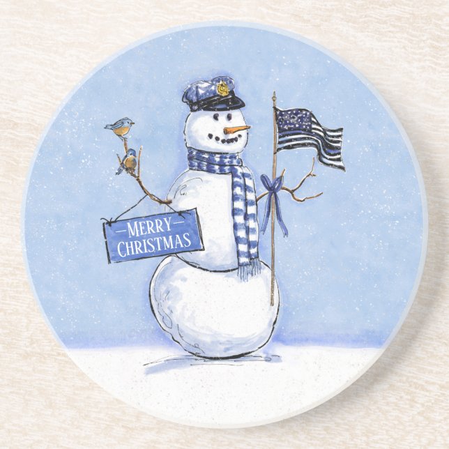 Police Thin Blue Line Snowman Christmas Coaster (Front)