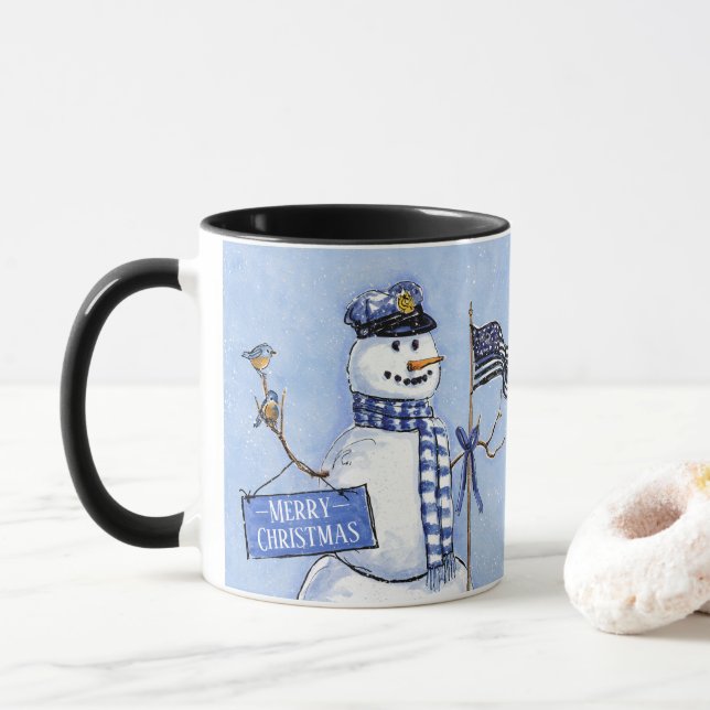 Police Thin Blue Line Snowman Christmas Mug (With Donut)