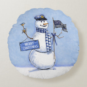Police Thin Blue Line Snowman Christmas Round Cushion