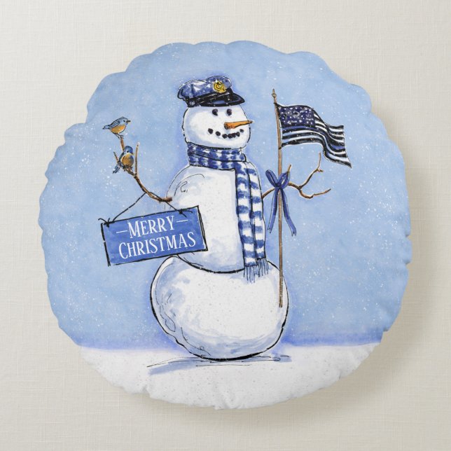 Police Thin Blue Line Snowman Christmas Round Cushion (Front)