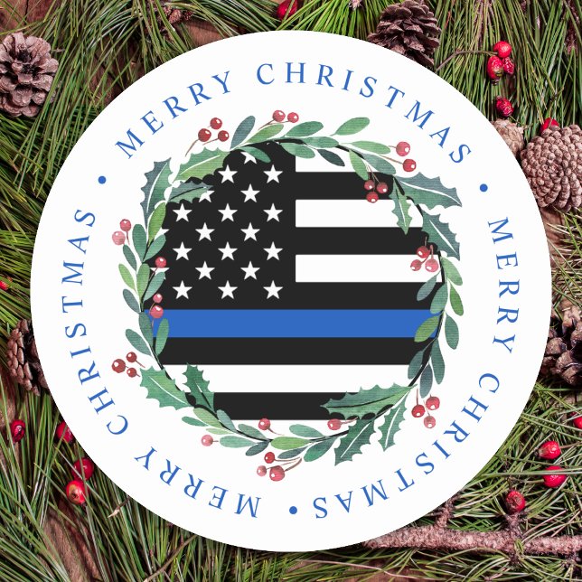 Police Thin Blue Line Wreath Merry Christmas Classic Round Sticker (Creator Uploaded)