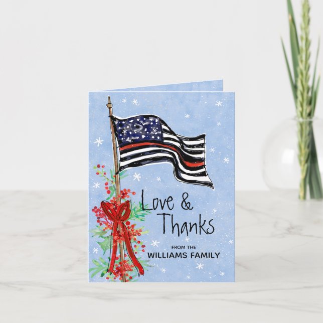 Police Thin Red Line Flag Holly Family Name Thank You Card (Front)