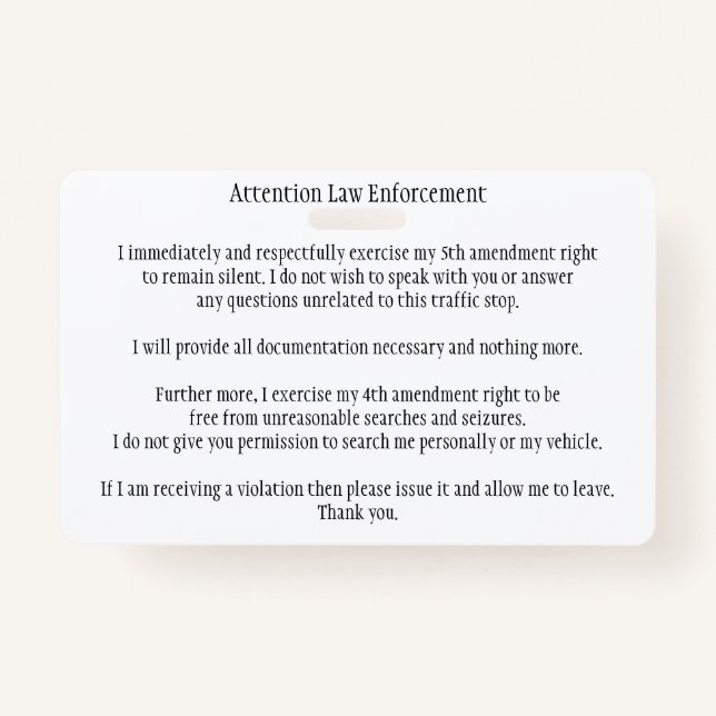 Police Traffic Stop Know Your Rights Card ID Badge (Front)
