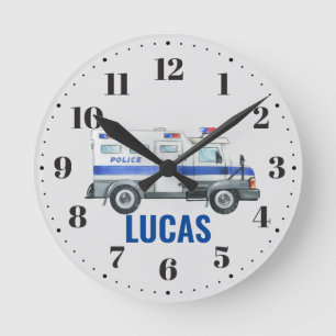 Police Vehicle Boys Bedroom Nursery Decor Round Clock