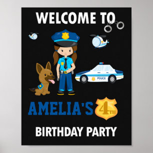 Police welcome party sign Girl with K9 police dog